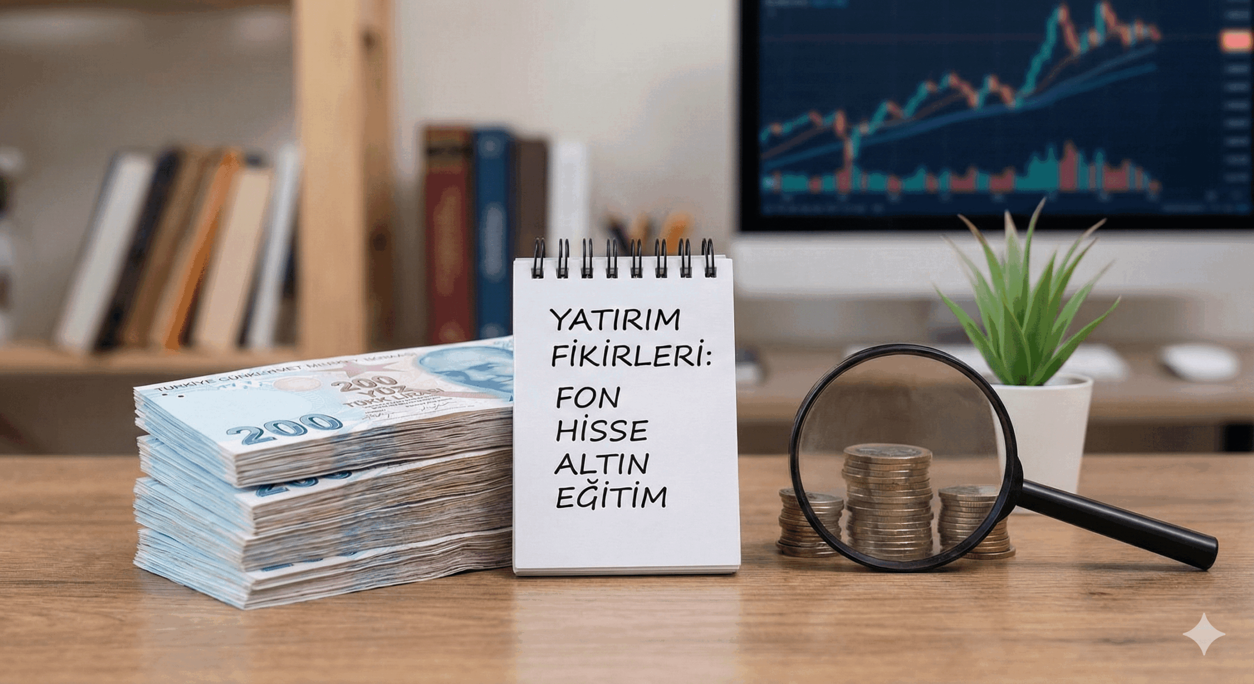 1000 TL ile neye yatırım yapılır rehberi; masada Türk Lirası banknotlar, bozuk paralar ve yatırım fikirleri yazılı not defteri.