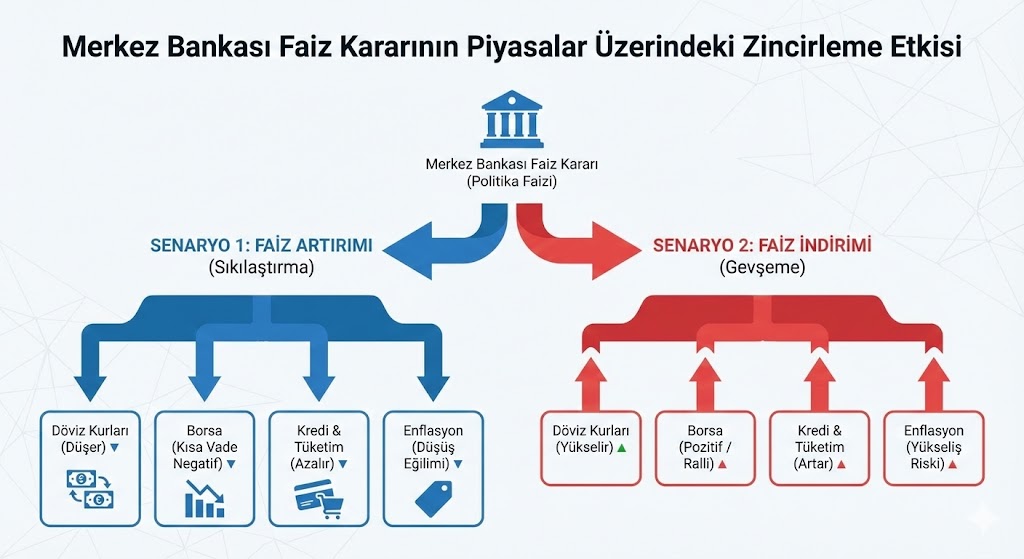 Merkez Bankası Faiz Kararı Piyasaları Nasıl Etkiler. Merkez Bankası faiz kararı sonrası döviz kurları ve borsa grafiklerindeki dalgalanmayı gösteren finansal analiz görseli