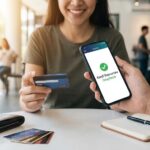 Gelir Belgesiz kredi, Anında onaylı kredi, bir insanın elinde kredi kartı var diğerinde telefon - Ekonomi Cepte