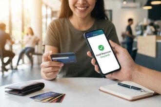 Gelir Belgesiz kredi, Anında onaylı kredi, bir insanın elinde kredi kartı var diğerinde telefon - Ekonomi Cepte