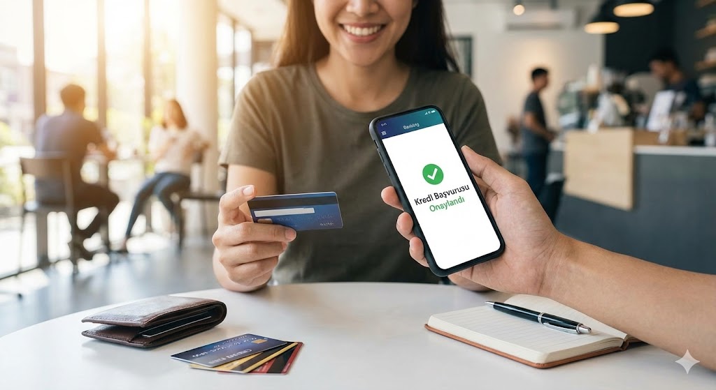Gelir Belgesiz kredi, Anında onaylı kredi, bir insanın elinde kredi kartı var diğerinde telefon - Ekonomi Cepte