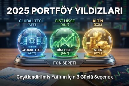 2025 Portföy Yıldızları başlıklı finans makalesi kapak görseli. Görselde, 'Fon Sepeti' standı üzerinde AFT (Global Tech), NNF (BIST Hisse) ve KZL (Altın) fonlarını simgeleyen üç parlak küre; arka planda ise borsa grafikleri ve tablet yer alıyor. - Tefas Fonları Analizi - Ekonomi Ccepte