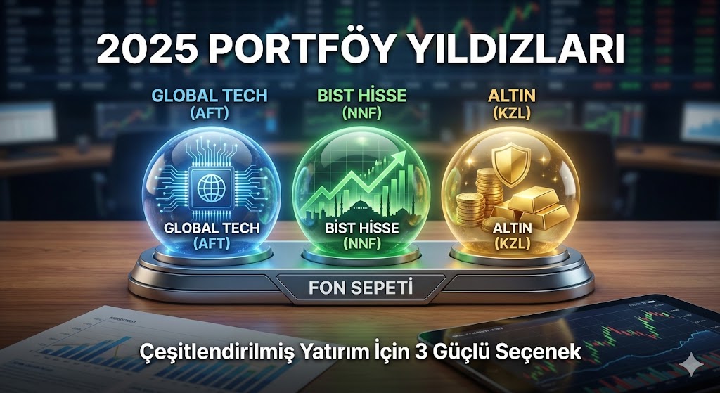 2025 Portföy Yıldızları başlıklı finans makalesi kapak görseli. Görselde, 'Fon Sepeti' standı üzerinde AFT (Global Tech), NNF (BIST Hisse) ve KZL (Altın) fonlarını simgeleyen üç parlak küre; arka planda ise borsa grafikleri ve tablet yer alıyor. - Tefas Fonları Analizi - Ekonomi Ccepte