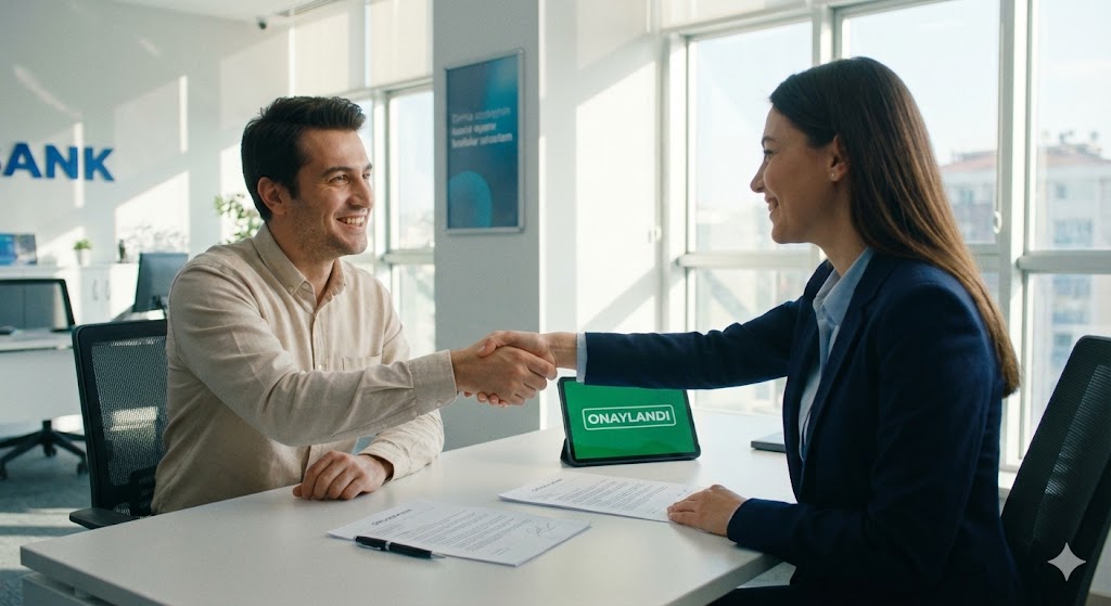Banka şubesinde kredi yapılandırma anlaşması ve el sıkışma anı. - Yapılandırma nedir - Ekonomi Cepte