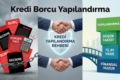 72 ay vadeli kredi yapılandırma hesaplaması yapan borçlu ve arka planda uzanan banka yardım eli.