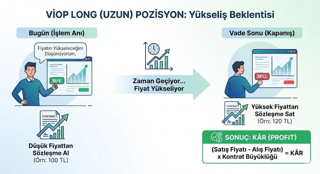 VİOP long pozisyon (uzun işlem) çalışma mantığı ve yükselişten kar etme diyagramı