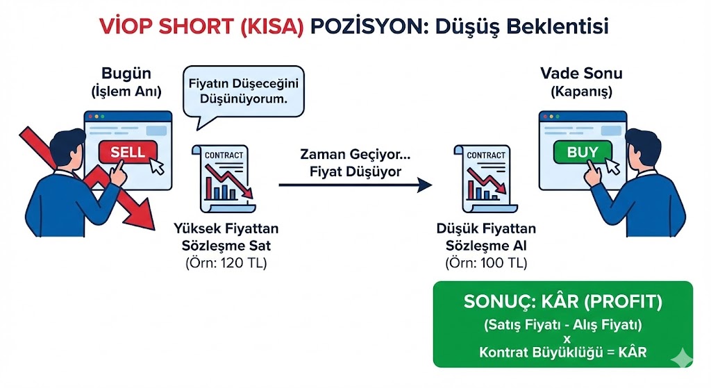 VİOP short (kısa) pozisyon çalışma mantığı: Yüksek fiyattan satıp düşük fiyattan alarak düşüşten kar etme diyagramı - VİOP nedir