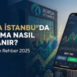 Borsa İstanbul binası ve akıllı telefon üzerinde BIST 100 alım-satım grafiğini gösteren blog kapak görseli. Üzerinde 'BORSA İSTANBUL'DA YATIRIMA NASIL BAŞLANIR? Adım Adım Rehber 2025' başlığı ve finansal grafikler yer alıyor. - Borsa İstanbul'da Yatırım Nasıl Yapılır