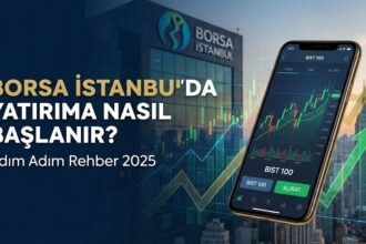 Borsa İstanbul binası ve akıllı telefon üzerinde BIST 100 alım-satım grafiğini gösteren blog kapak görseli. Üzerinde 'BORSA İSTANBUL'DA YATIRIMA NASIL BAŞLANIR? Adım Adım Rehber 2025' başlığı ve finansal grafikler yer alıyor. - Borsa İstanbul'da Yatırım Nasıl Yapılır