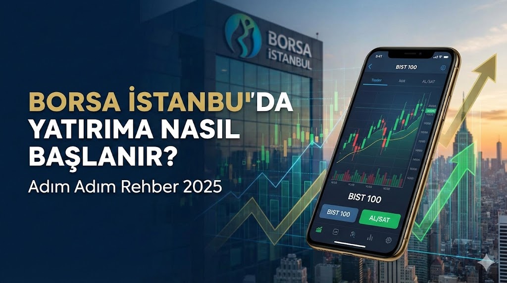 Borsa İstanbul binası ve akıllı telefon üzerinde BIST 100 alım-satım grafiğini gösteren blog kapak görseli. Üzerinde 'BORSA İSTANBUL'DA YATIRIMA NASIL BAŞLANIR? Adım Adım Rehber 2025' başlığı ve finansal grafikler yer alıyor. - Borsa İstanbul'da Yatırım Nasıl Yapılır
