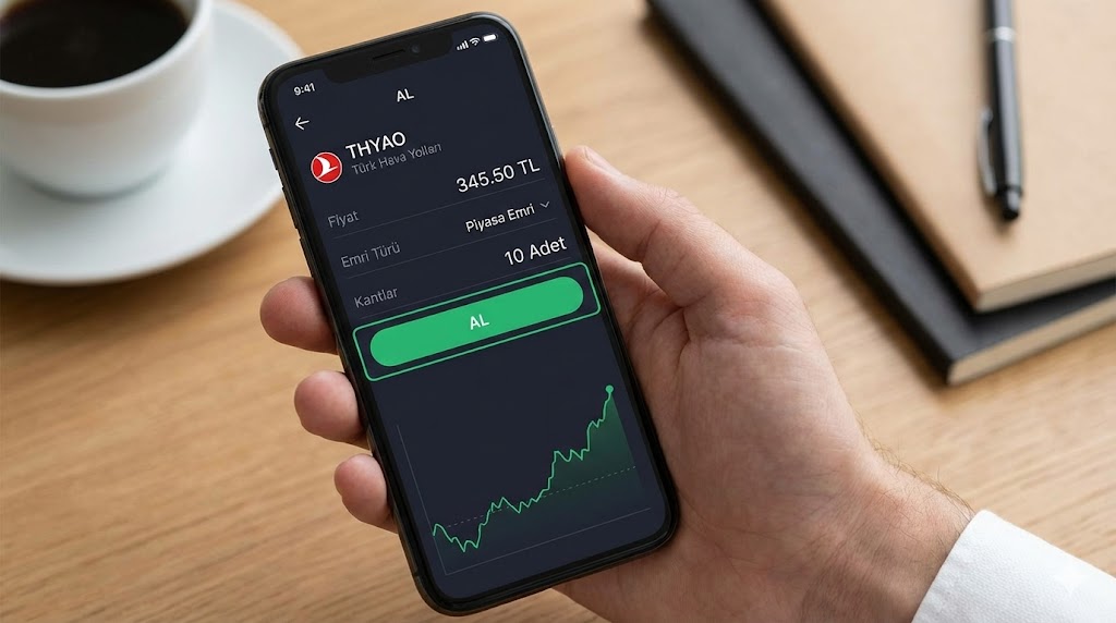 Akıllı telefon ekranında bir mobil borsa uygulaması üzerinden THYAO (Türk Hava Yolları) hissesi için 10 adetlik piyasa emri alım ekranı ve yeşil 'AL' butonu.