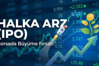 Borsa verileri ve yükselen grafik arka planı üzerinde roket ve para ağacı illüstrasyonu bulunan, 'HALKA ARZ (IPO) Borsada Büyüme Fırsatı' yazılı makale kapak görseli. Halka Arz Nedir