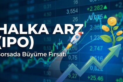 Borsa verileri ve yükselen grafik arka planı üzerinde roket ve para ağacı illüstrasyonu bulunan, 'HALKA ARZ (IPO) Borsada Büyüme Fırsatı' yazılı makale kapak görseli. Halka Arz Nedir
