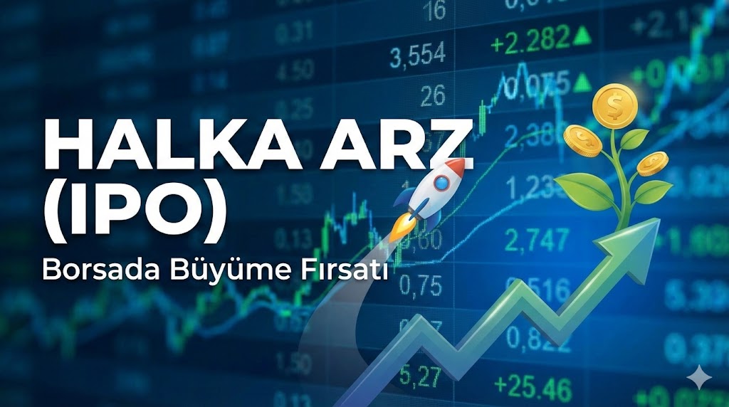 Borsa verileri ve yükselen grafik arka planı üzerinde roket ve para ağacı illüstrasyonu bulunan, 'HALKA ARZ (IPO) Borsada Büyüme Fırsatı' yazılı makale kapak görseli. Halka Arz Nedir