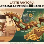 Latte Faktörü kavramını anlatan infografik: Sol tarafta 'Daily Latte' bardağından dökülen kahvenin Türk Lirası'na dönüşerek, sağ tarafta bileşik getiri ve fırsat maliyeti ile dolu bir hazine sandığına, ev ve arabaya dönüşmesini gösteren finansal farkındalık görseli.