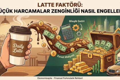 Latte Faktörü kavramını anlatan infografik: Sol tarafta 'Daily Latte' bardağından dökülen kahvenin Türk Lirası'na dönüşerek, sağ tarafta bileşik getiri ve fırsat maliyeti ile dolu bir hazine sandığına, ev ve arabaya dönüşmesini gösteren finansal farkındalık görseli.