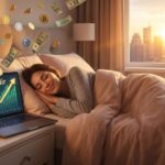 Uyurken para kazanma kavramını simgeleyen, yatakta uyuyan kişi ve yanında yükselen pasif gelir grafiği olan laptop.