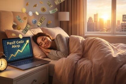 Uyurken para kazanma kavramını simgeleyen, yatakta uyuyan kişi ve yanında yükselen pasif gelir grafiği olan laptop.