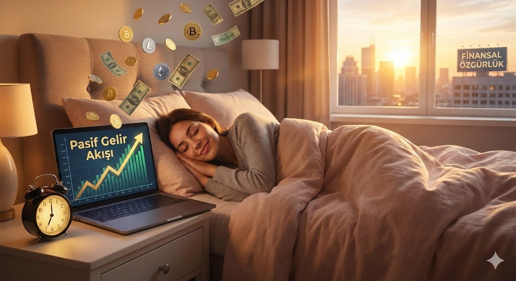 Uyurken para kazanma kavramını simgeleyen, yatakta uyuyan kişi ve yanında yükselen pasif gelir grafiği olan laptop.