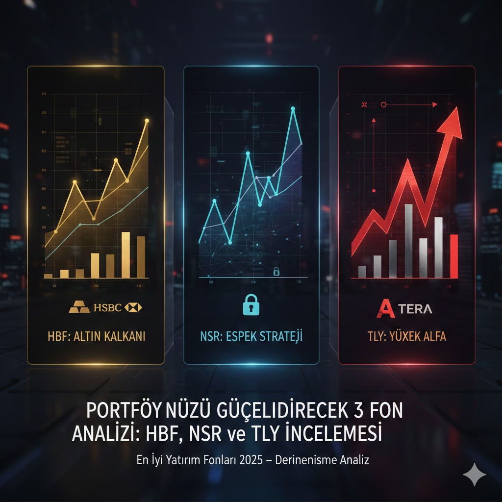 HBF, NSR ve TLY yatırım fonları analizini içeren; altın, esnek strateji ve yüksek alfa getirili fon grafiklerinin yer aldığı teknolojik portföy yönetim görselleri.