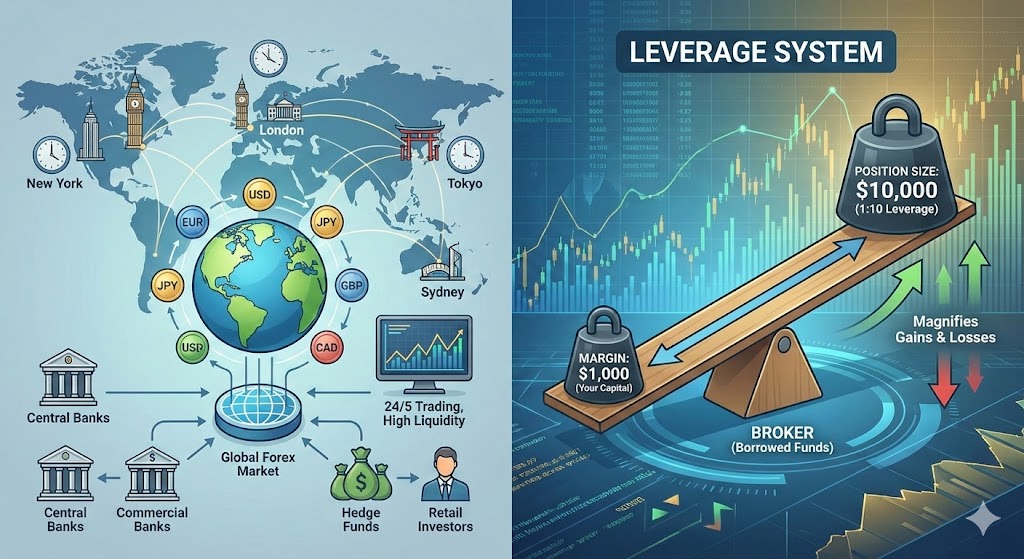 Forex nedir? forex piyasasının dünya üzerinde nasıl işlediğini anlatan bir görsel