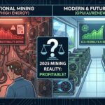 2025 kripto para madenciliği karlılık durumu infografiği. Sol tarafta yüksek enerji maliyetli, sıcak ve gürültülü geleneksel ASIC madenciliğinin zorlukları ve düşen karlılık grafiği; sağ tarafta ise yenilenebilir enerji, GPU ve yapay zeka (AI) kiralama kullanan modern, serin veri merkezleri ve yükselen karlılık potansiyeli gösteriliyor. Ortada bir terazi üzerinde '2025 Mining Reality: Profitable?' sorusu yer alıyor. Kripto para madenciliği.