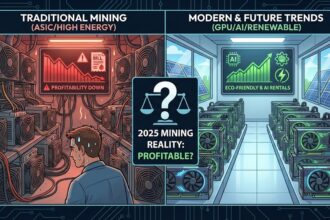 2025 kripto para madenciliği karlılık durumu infografiği. Sol tarafta yüksek enerji maliyetli, sıcak ve gürültülü geleneksel ASIC madenciliğinin zorlukları ve düşen karlılık grafiği; sağ tarafta ise yenilenebilir enerji, GPU ve yapay zeka (AI) kiralama kullanan modern, serin veri merkezleri ve yükselen karlılık potansiyeli gösteriliyor. Ortada bir terazi üzerinde '2025 Mining Reality: Profitable?' sorusu yer alıyor. Kripto para madenciliği.