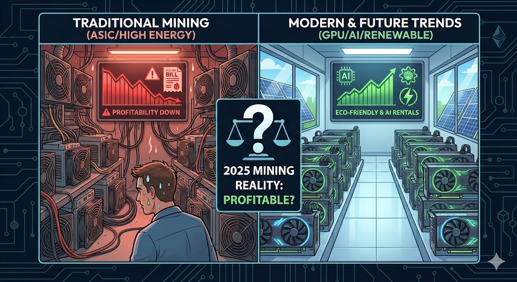 2025 kripto para madenciliği karlılık durumu infografiği. Sol tarafta yüksek enerji maliyetli, sıcak ve gürültülü geleneksel ASIC madenciliğinin zorlukları ve düşen karlılık grafiği; sağ tarafta ise yenilenebilir enerji, GPU ve yapay zeka (AI) kiralama kullanan modern, serin veri merkezleri ve yükselen karlılık potansiyeli gösteriliyor. Ortada bir terazi üzerinde '2025 Mining Reality: Profitable?' sorusu yer alıyor. Kripto para madenciliği.