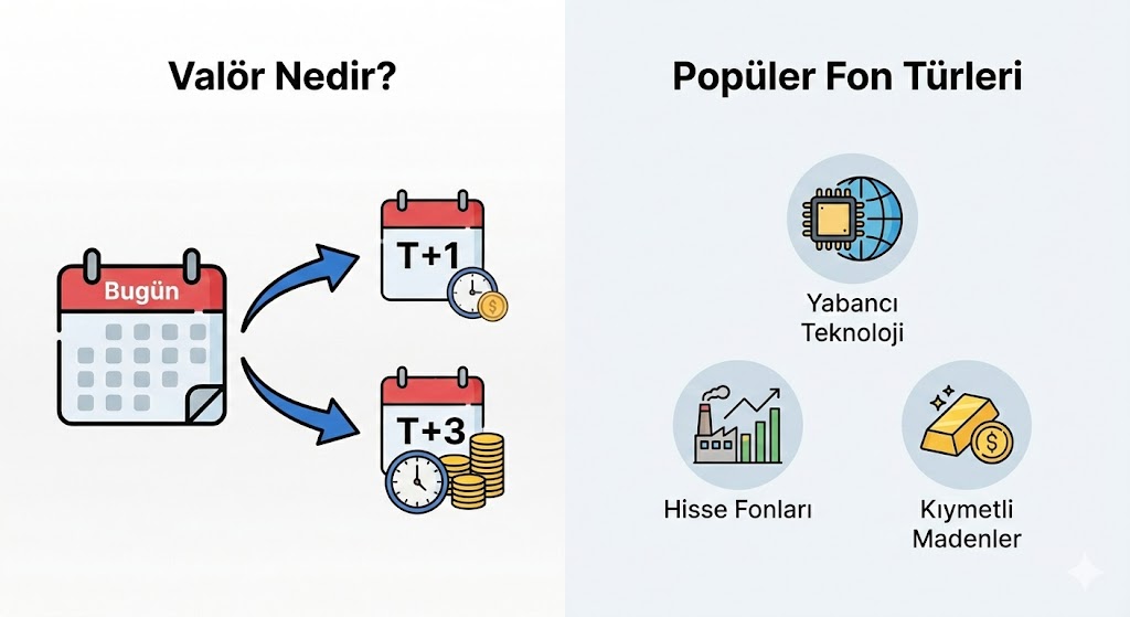 Popüler fon türlerini gösteren ve valör nedir gösteren bir görsel - Yatırım Fonları Ne Kadar Kazandırır