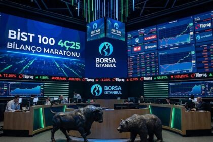 Borsa İstanbul BIST 100 4Ç25 bilanço maratonu ve şirket finansal analizlerini temsil eden modern borsa işlem salonu görseli.