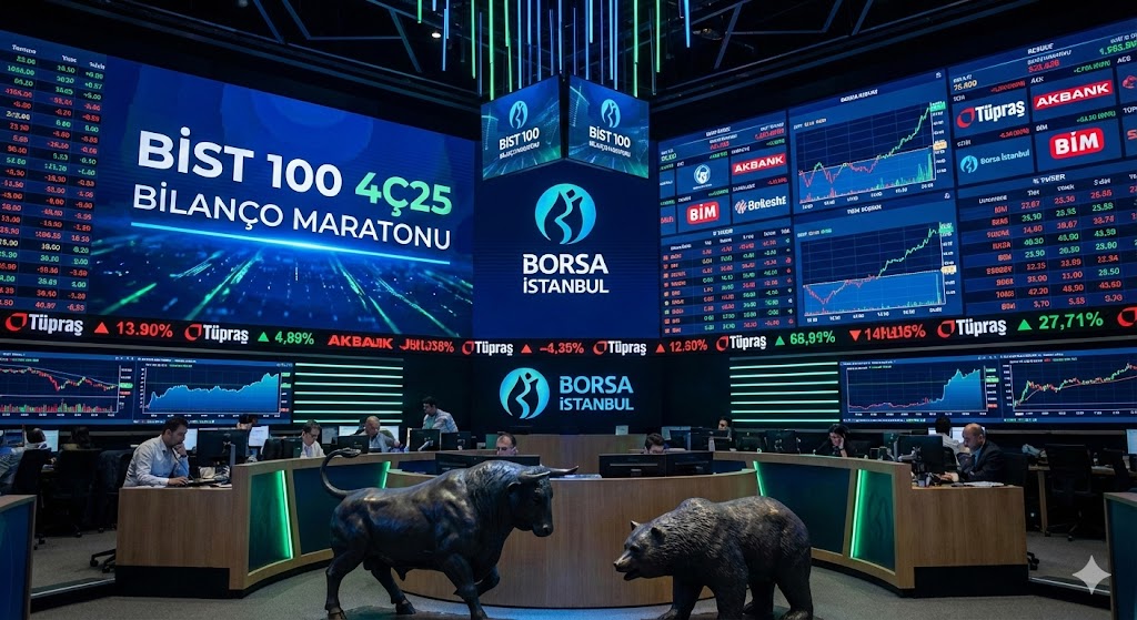 Borsa İstanbul BIST 100 4Ç25 bilanço maratonu ve şirket finansal analizlerini temsil eden modern borsa işlem salonu görseli.