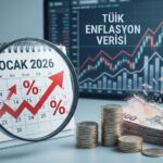 Ocak 2026 enflasyon TÜİK enflasyon verisi analizi konulu kavramsal fotoğraf; takvim üzerinde büyüteç ve yükselen enflasyon grafiği, eriyen Türk Lirası banknotları ve bozuk paralar ile arka planda borsa grafiklerini gösteren ekran.