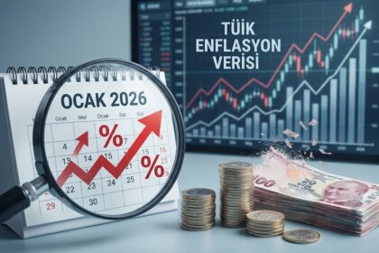 Ocak 2026 enflasyon TÜİK enflasyon verisi analizi konulu kavramsal fotoğraf; takvim üzerinde büyüteç ve yükselen enflasyon grafiği, eriyen Türk Lirası banknotları ve bozuk paralar ile arka planda borsa grafiklerini gösteren ekran.