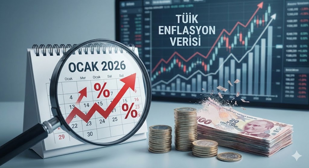 Ocak 2026 enflasyon TÜİK enflasyon verisi analizi konulu kavramsal fotoğraf; takvim üzerinde büyüteç ve yükselen enflasyon grafiği, eriyen Türk Lirası banknotları ve bozuk paralar ile arka planda borsa grafiklerini gösteren ekran.
