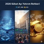 2026 Şubat ayı yatırım fonları rehberi; teknoloji kartı, Borsa İstanbul binası ve altın külçeleri içeren üçlü finansal kolaj tasarımı