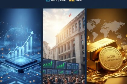 2026 Şubat ayı yatırım fonları rehberi; teknoloji kartı, Borsa İstanbul binası ve altın külçeleri içeren üçlü finansal kolaj tasarımı