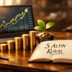 Borsada kazanç sağlamayı ve portföy yönetimini simgeleyen, yükselen altın paralar ve analiz grafikleri eşliğinde yeni yatırımcı için 5 altın kural