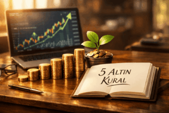 Borsada kazanç sağlamayı ve portföy yönetimini simgeleyen, yükselen altın paralar ve analiz grafikleri eşliğinde yeni yatırımcı için 5 altın kural