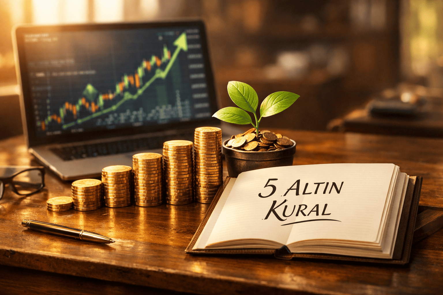 Borsada kazanç sağlamayı ve portföy yönetimini simgeleyen, yükselen altın paralar ve analiz grafikleri eşliğinde yeni yatırımcı için 5 altın kural