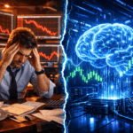 Stresli insan yatırımcı ve soğukkanlı robot arasındaki rekabeti gösteren, yapay zeka borsayı yenebilir mi konulu fütüristik borsa görseli