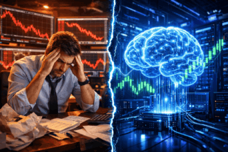 Stresli insan yatırımcı ve soğukkanlı robot arasındaki rekabeti gösteren, yapay zeka borsayı yenebilir mi konulu fütüristik borsa görseli