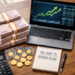 50-000 TL ile ne yapılır A photorealistic overhead photograph of a financial planning desk scene. Central to the composition are neat stacks of Turkish Lira banknotes (mostly 200 TL denominations) representing 50,000 TL. Next to the cash, an open laptop displays a stock market chart with rising green arrows and investment portfolio data. Several physical gold coins (gram altın) in transparent packages and loose coins are placed beside a notebook with handwritten text "50.000 TL YATIRIM PLANI". A calculator, a pen, and a cup of coffee are also on a modern wooden desk surface. Natural light from a window illuminates the scene. The overall mood is optimistic, organized, and professional. High resolution, sharp focus.