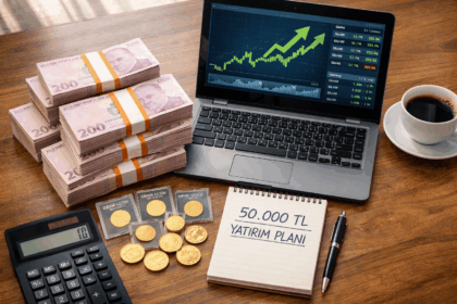 50-000 TL ile ne yapılır A photorealistic overhead photograph of a financial planning desk scene. Central to the composition are neat stacks of Turkish Lira banknotes (mostly 200 TL denominations) representing 50,000 TL. Next to the cash, an open laptop displays a stock market chart with rising green arrows and investment portfolio data. Several physical gold coins (gram altın) in transparent packages and loose coins are placed beside a notebook with handwritten text "50.000 TL YATIRIM PLANI". A calculator, a pen, and a cup of coffee are also on a modern wooden desk surface. Natural light from a window illuminates the scene. The overall mood is optimistic, organized, and professional. High resolution, sharp focus.