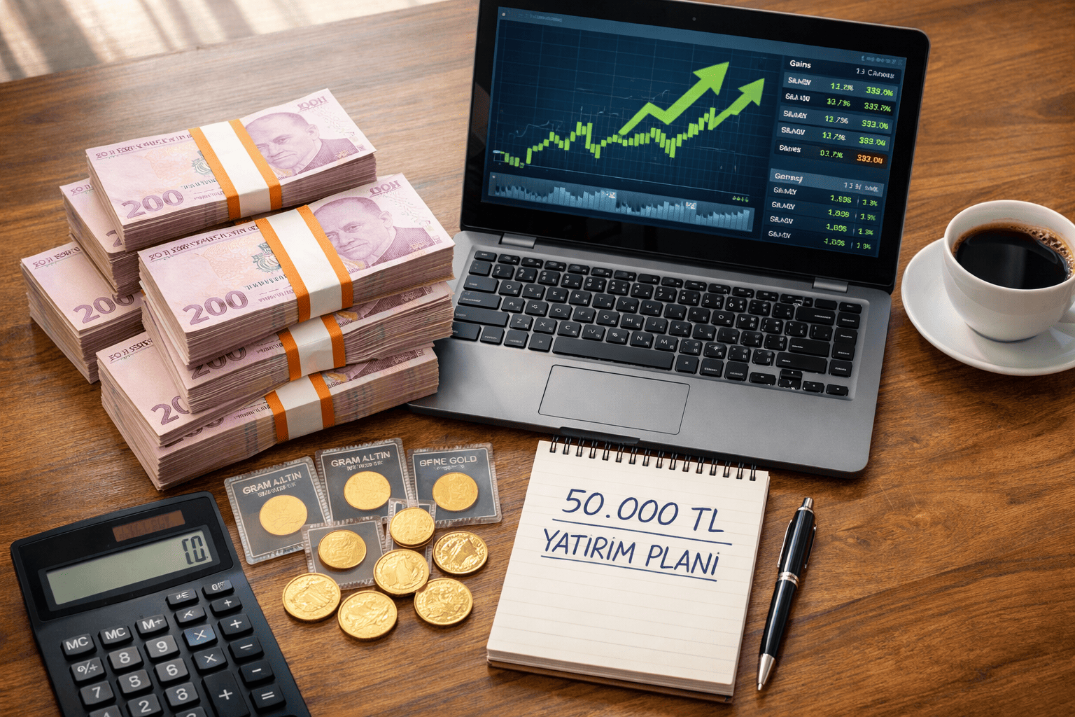 50-000 TL ile ne yapılır A photorealistic overhead photograph of a financial planning desk scene. Central to the composition are neat stacks of Turkish Lira banknotes (mostly 200 TL denominations) representing 50,000 TL. Next to the cash, an open laptop displays a stock market chart with rising green arrows and investment portfolio data. Several physical gold coins (gram altın) in transparent packages and loose coins are placed beside a notebook with handwritten text "50.000 TL YATIRIM PLANI". A calculator, a pen, and a cup of coffee are also on a modern wooden desk surface. Natural light from a window illuminates the scene. The overall mood is optimistic, organized, and professional. High resolution, sharp focus.