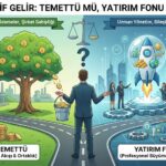 Temettü mü Yatırım Fonu mu? Pasif Gelir: Temettü mü, Yatırım Fonu mu? başlıklı infografik görseli. Bir yatırımcının yol ayrımında durarak iki farklı yatırım stratejisi arasında seçim yapmaya çalıştığını gösteren illüstrasyon. Sol taraftaki 'Temettü (Nakit Akışı & Ortaklık)' yolunda, dallarından altın paralar dökülen bir ağaç, paraları kovayla toplayan yatırımcı ve arka planda fabrikalar yer alıyor; düzenli ödemeler ve şirket sahipliği vurgulanıyor. Sağ taraftaki 'Yatırım Fonu (Profesyonel Büyüme & Çeşitlilik)' yolunda ise uzman bir ekip tarafından yönetilen, içinde çeşitli varlıklar (altın, hisse senedi) taşıyan ve yükselen bir roket, dişliler ve dijital büyüme grafikleri bulunuyor; uzman yönetim ve bileşik getiri vurgulanıyor.