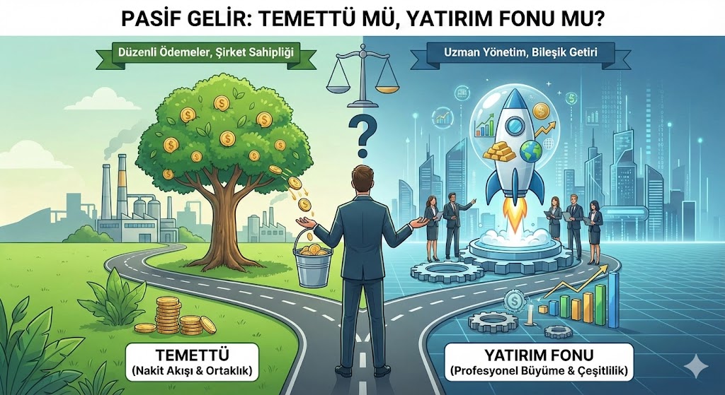 Temettü mü Yatırım Fonu mu? Pasif Gelir: Temettü mü, Yatırım Fonu mu? başlıklı infografik görseli. Bir yatırımcının yol ayrımında durarak iki farklı yatırım stratejisi arasında seçim yapmaya çalıştığını gösteren illüstrasyon. Sol taraftaki 'Temettü (Nakit Akışı & Ortaklık)' yolunda, dallarından altın paralar dökülen bir ağaç, paraları kovayla toplayan yatırımcı ve arka planda fabrikalar yer alıyor; düzenli ödemeler ve şirket sahipliği vurgulanıyor. Sağ taraftaki 'Yatırım Fonu (Profesyonel Büyüme & Çeşitlilik)' yolunda ise uzman bir ekip tarafından yönetilen, içinde çeşitli varlıklar (altın, hisse senedi) taşıyan ve yükselen bir roket, dişliler ve dijital büyüme grafikleri bulunuyor; uzman yönetim ve bileşik getiri vurgulanıyor.
