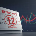 Ocak 2026 enflasyon oranı. Financial concept art, a calendar showing February 12th highlighted in red, background shows a blurred stock market chart with a rising red trend line representing inflation, professional lighting, cinematic 4k, digital art style, serious and analytical mood.