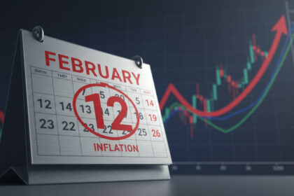 Ocak 2026 enflasyon oranı. Financial concept art, a calendar showing February 12th highlighted in red, background shows a blurred stock market chart with a rising red trend line representing inflation, professional lighting, cinematic 4k, digital art style, serious and analytical mood.