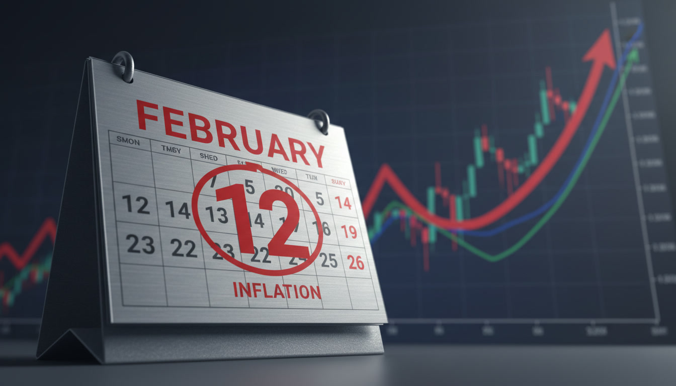 Ocak 2026 enflasyon oranı. Financial concept art, a calendar showing February 12th highlighted in red, background shows a blurred stock market chart with a rising red trend line representing inflation, professional lighting, cinematic 4k, digital art style, serious and analytical mood.