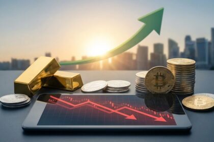 Altın külçeleri, gümüş sikkeler ve Bitcoin sembolü önünde aşağı yönlü kırmızı borsa grafiği. Altın, Gümüş ve Bitcoin Neden Düşüyor?